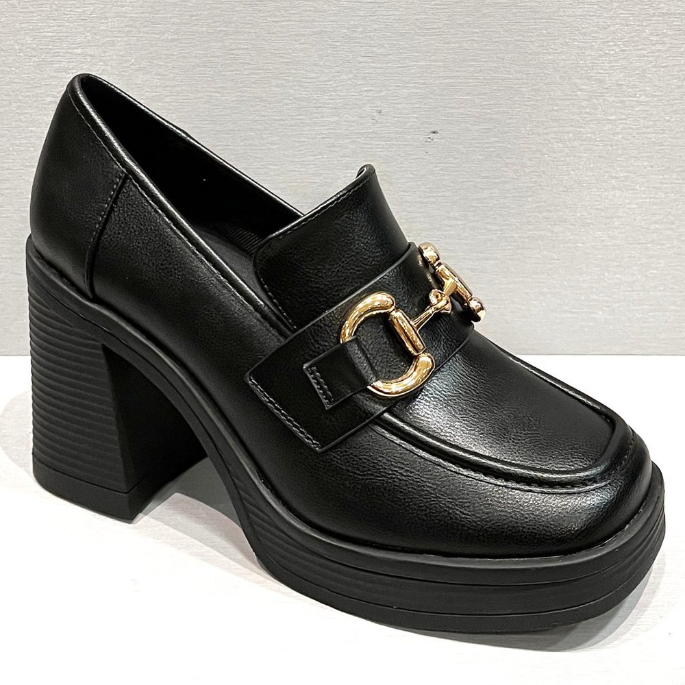 New Black Gold Chain Platform Chunky Heel Penny Loafers - Picture 2 of 3